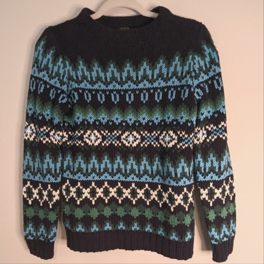 Talbots Crewneck Sweater Chamonix Fair Isle Petite 0-2 Navy Light Blue EUC - Picture 2 of 8
